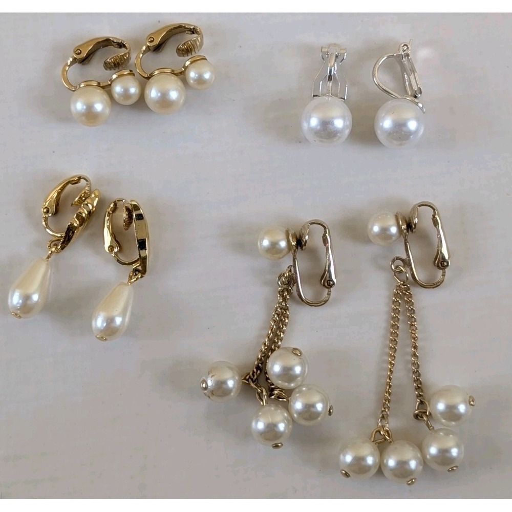 Vintage Pearl Clip On Earrings Lot Avon Coventry Gold Tone Dangle Cluster 4
